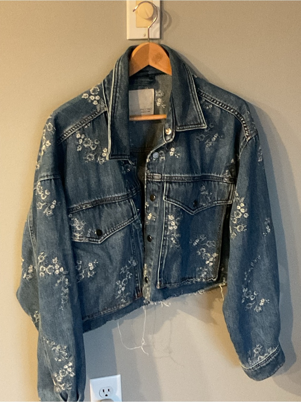 Pilcro ( Anthropology) Utility Blue Denim Jacket with White Floral Embroidery